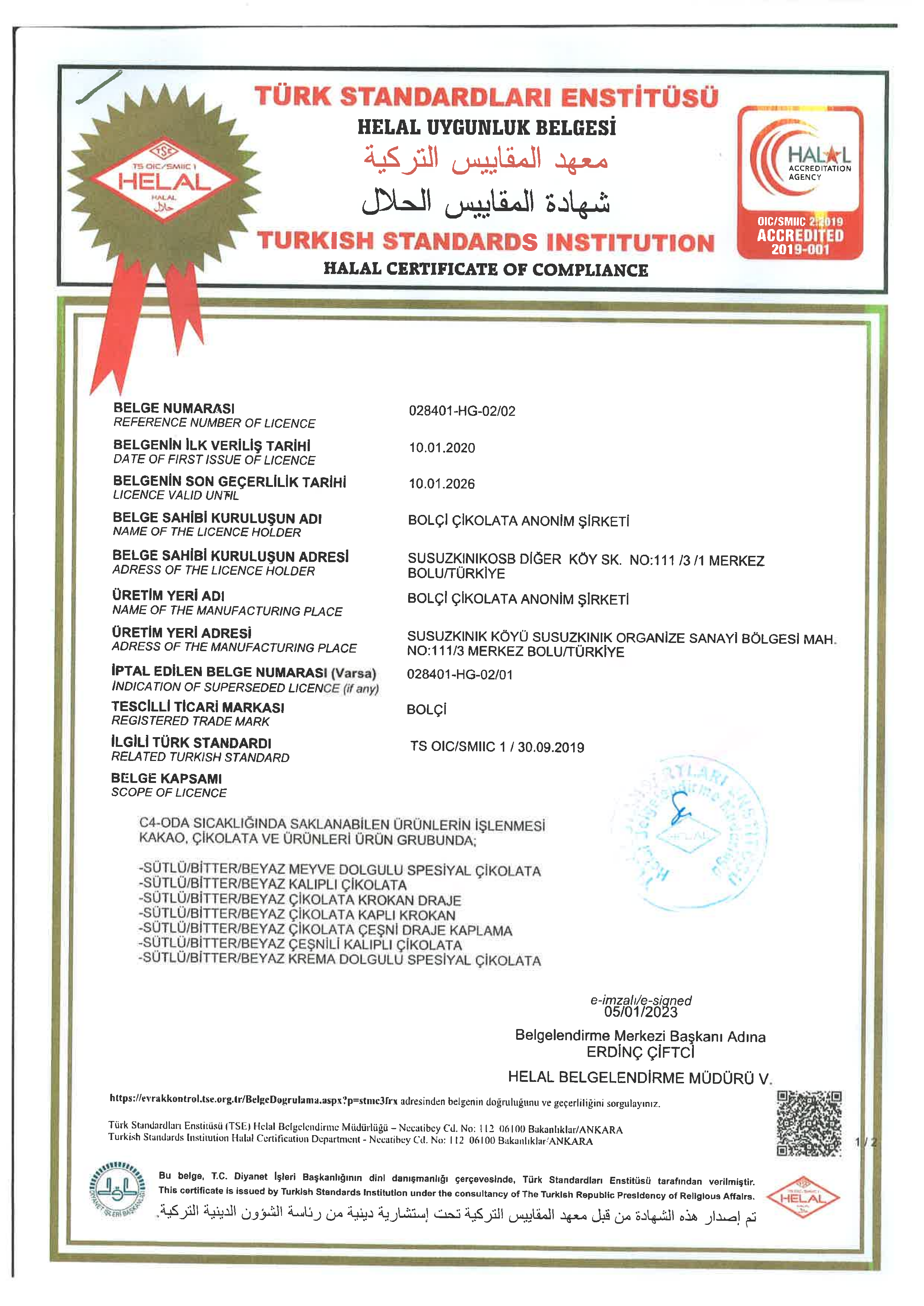 Bolci Halal Certificate