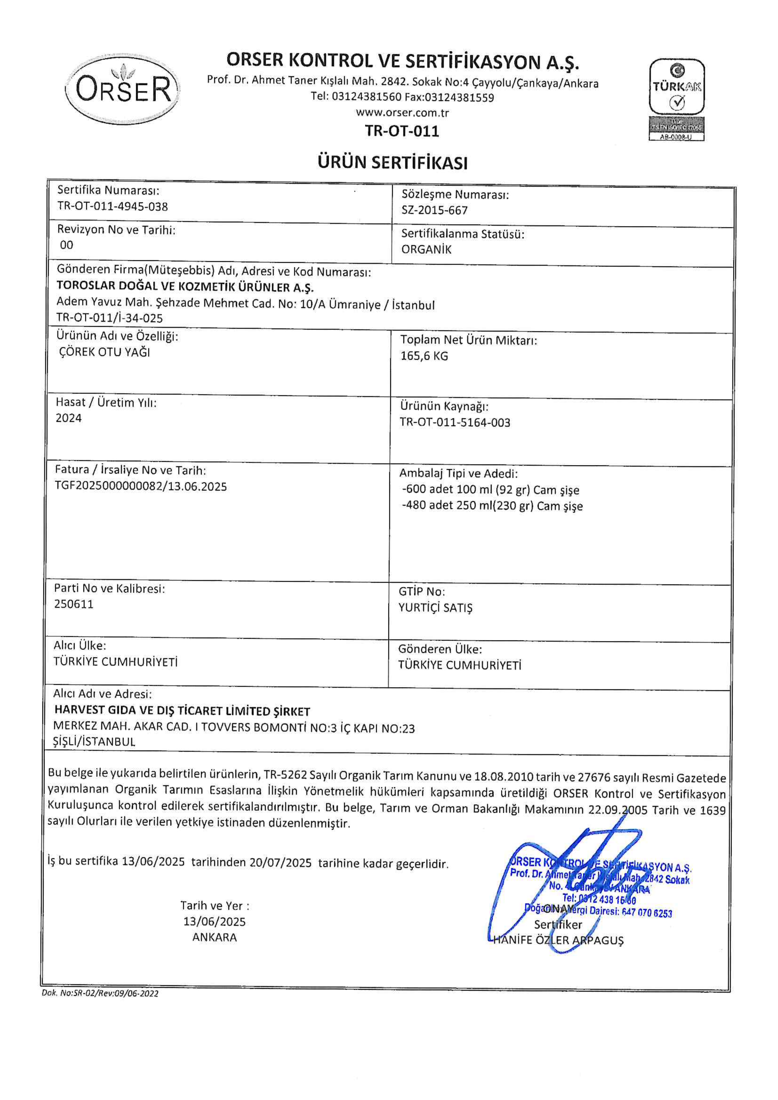 Harvest Oil Certificate